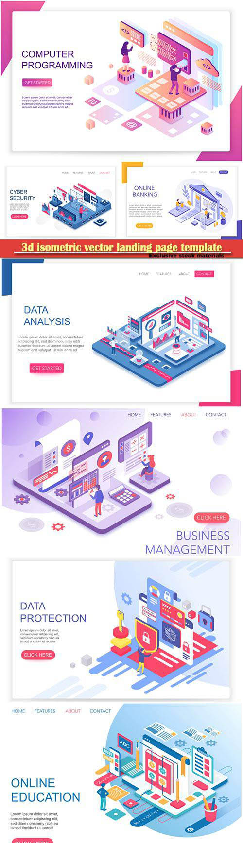3d isometric vector landing page template
