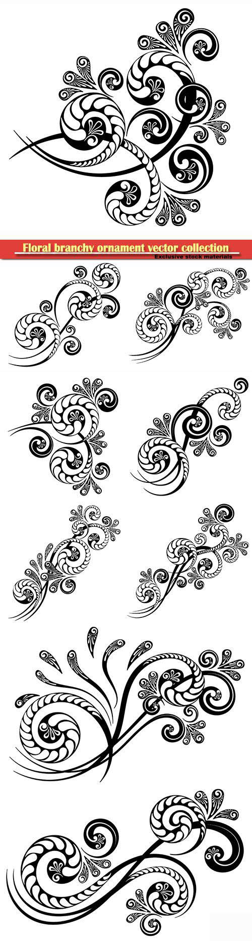 Floral branchy ornament with a beautiful complex pattern for decorative design of invitations, lette...