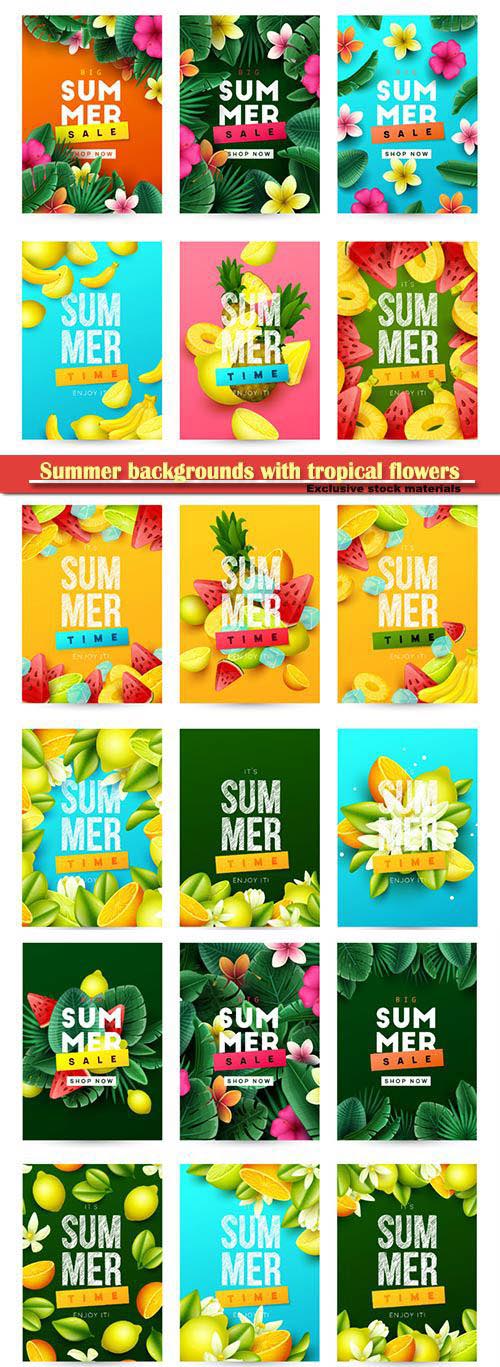 Summer backgrounds with tropical flowers and palm leaves