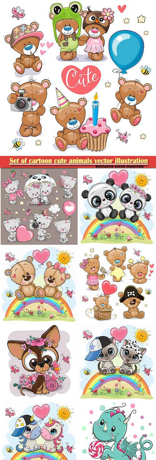 Set of cartoon cute animals vector illustration