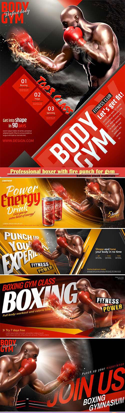 Professional boxer with fire punch for gym class poster in 3d illustration