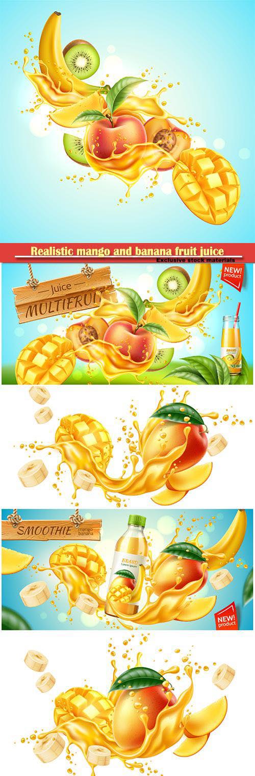 Realistic mango and banana fruit juice advertising , vector product package design
