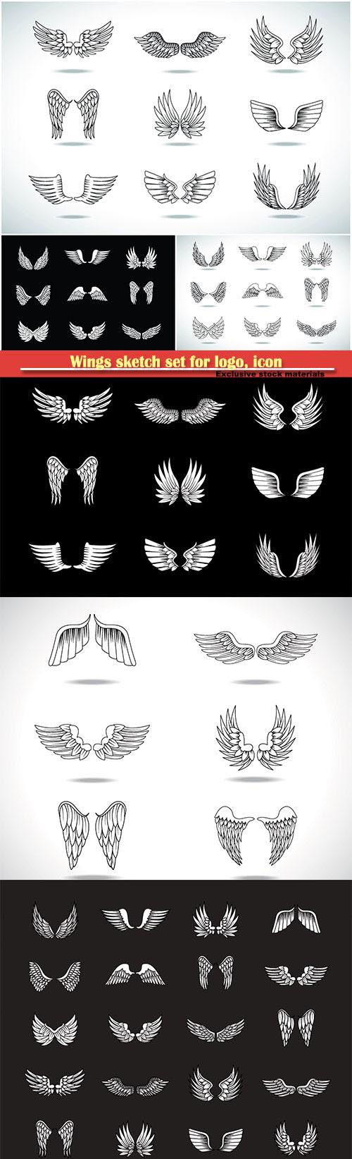 Wings sketch set for logo, icon, tattoo templates, emblem, label