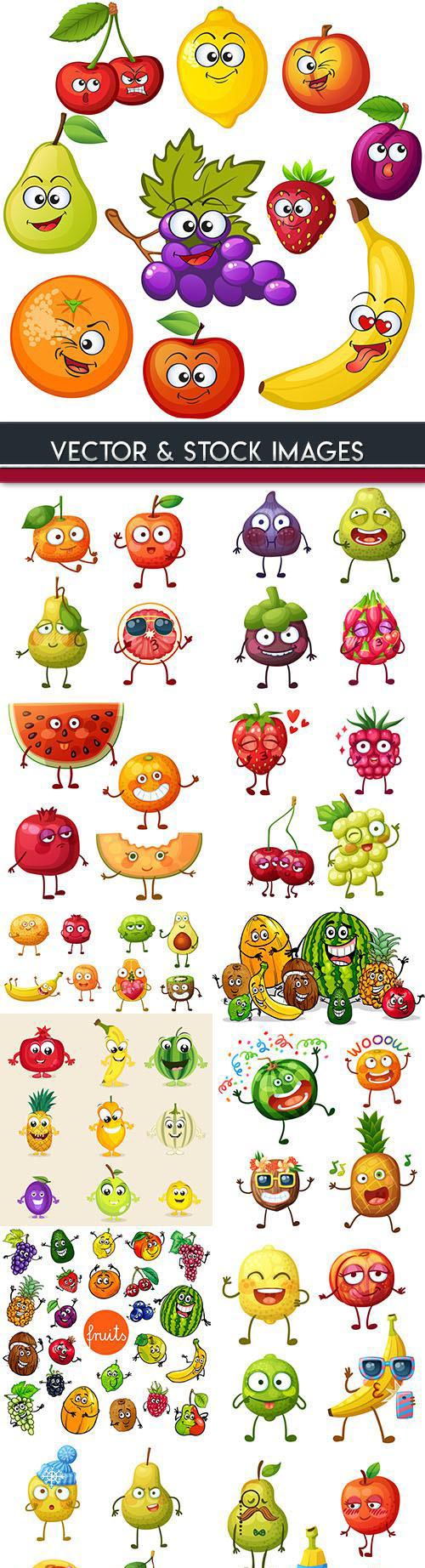 Fruit amusing cheerful cartoon and vegetables