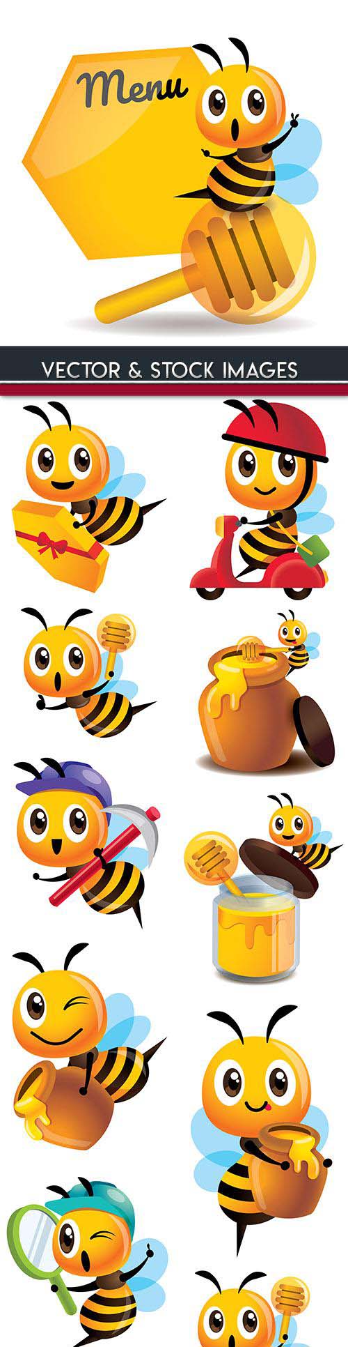Amusing bee with honey cartoon an illustration