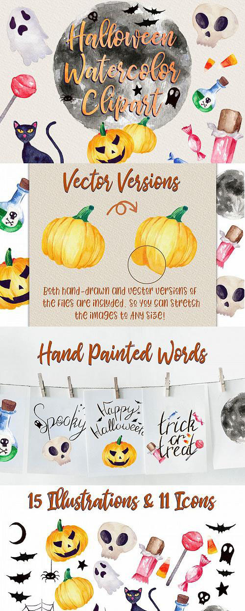 Halloween Watercolor Clip Art Pack! With SVG/Vector Versions 301801