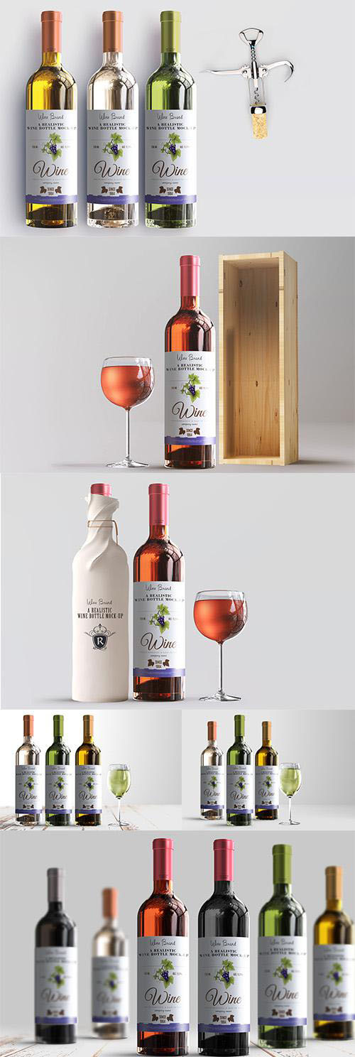 Realistic Wine Bottle Label Mockup PSD Pack