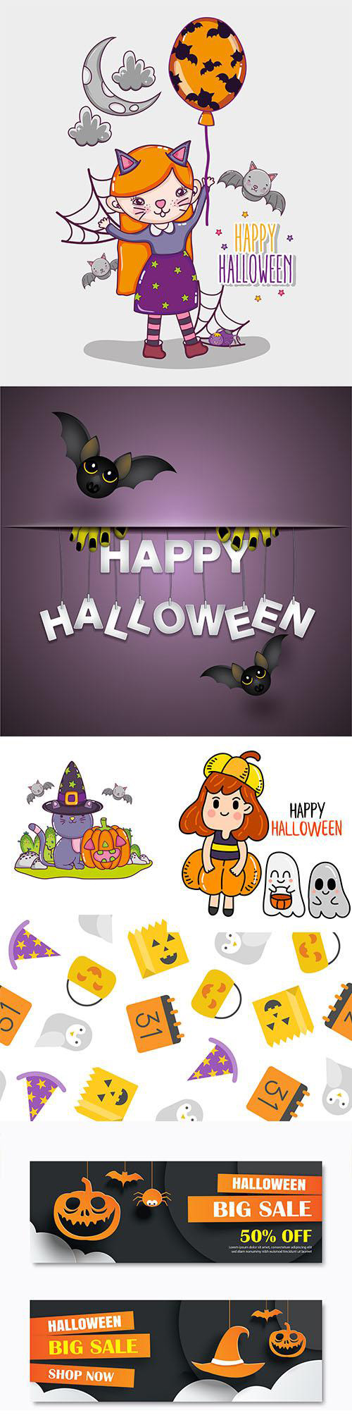 Happy Halloween Illustration Vector Set +Bonus Social Banner and Halloween Pattern