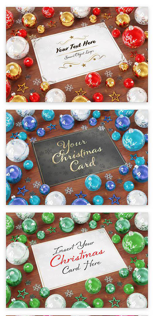 Christmas Card with Ornaments on Wooden Table Mockup 229639892 PSDT