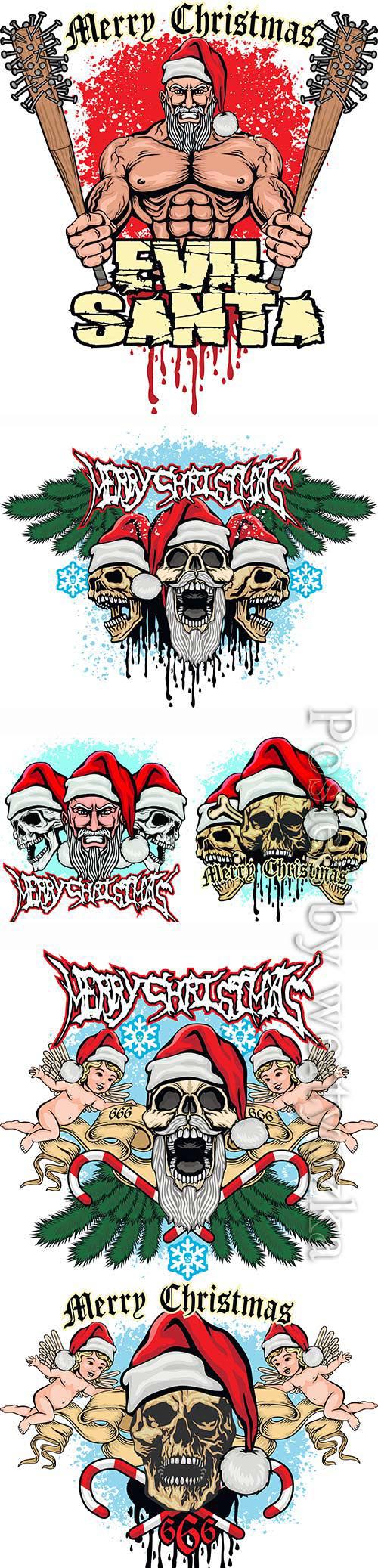 Xmas sign with skull and Santa Claus, grunge vintage design