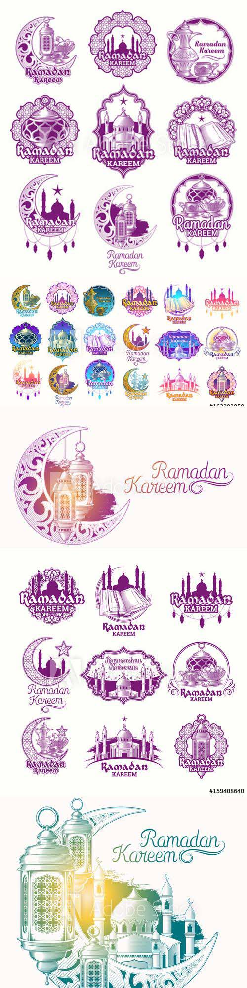 Set vector color illustrations, badges, emblems for Ramadan Kareem