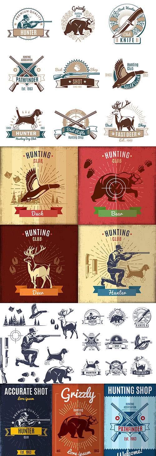 Hunting wild animals and birds design emblem and logo club vintage