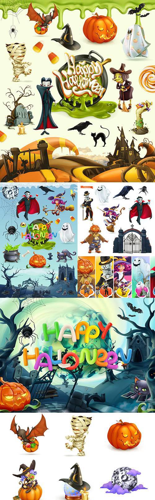 Happy Halloween and cartoon heroes 3rd realistic illustrations