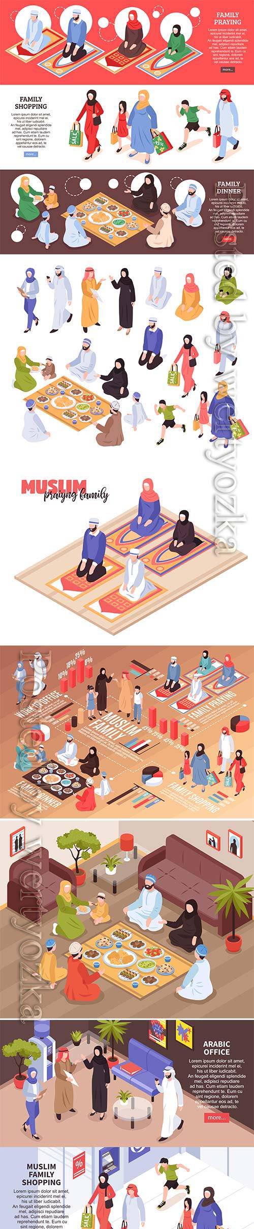 Arab family set with traditional food and shopping symbols isometric