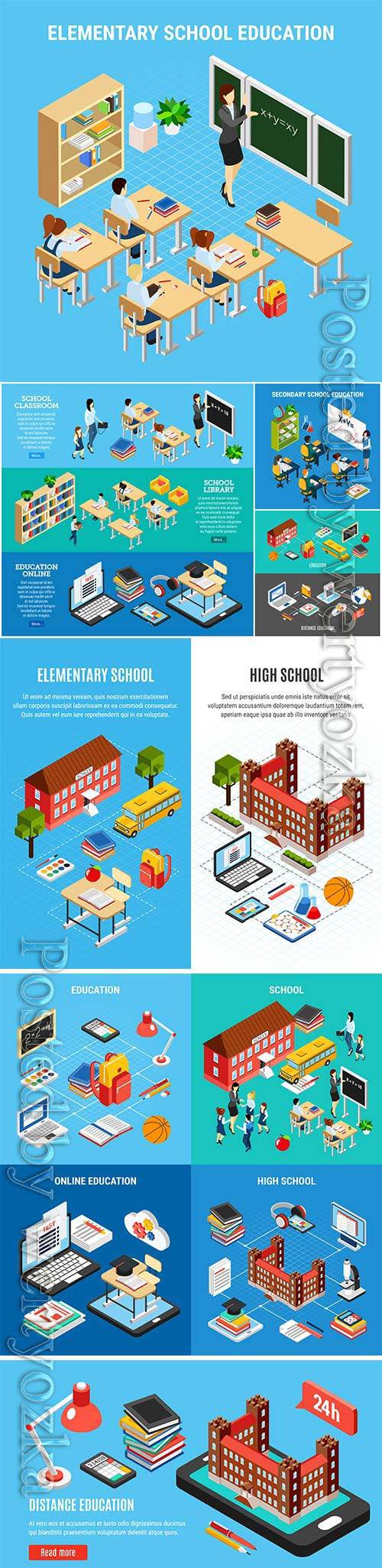 Isometric education banners vector set