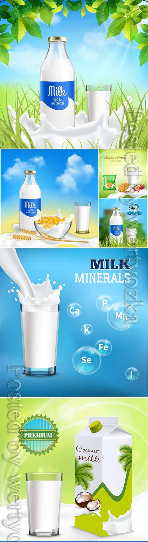 Milk ,bottle, glass, isometric, element, vector, collection