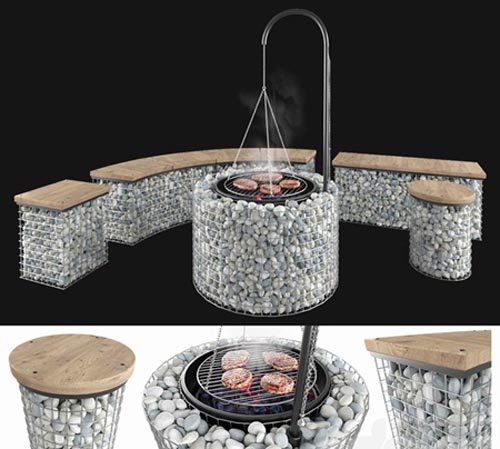 Gabion fireplace benches