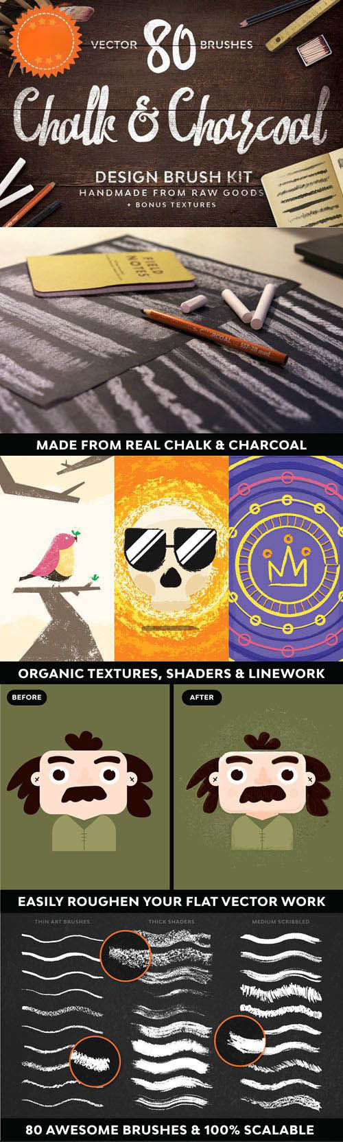 20 Chalk & Charcoal Vector Brush Kit for Illustrator