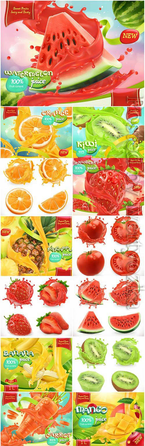 Fresh juices and fruits with berries in vector