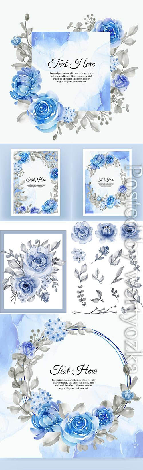 Watercolor illustration rose and leaf navy blue isolated clipart