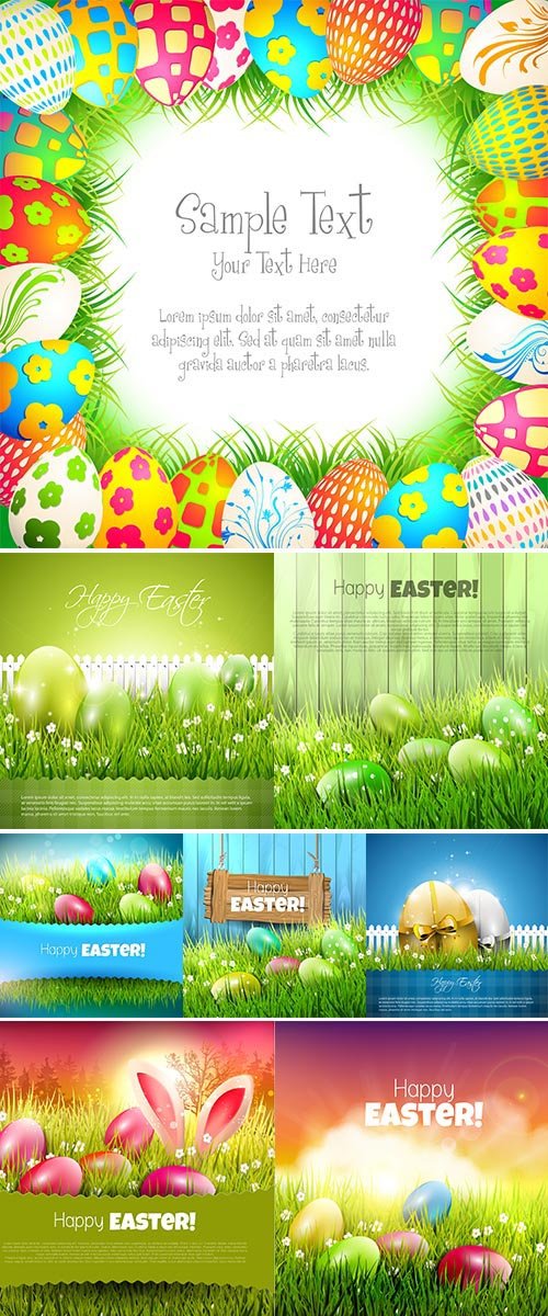 Stock: Easter background with colorful eggs in grass and empty paper