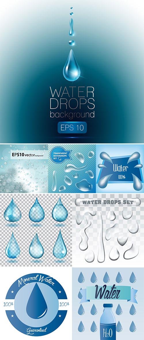 Stock water drops realistic set isolated, vector illustration