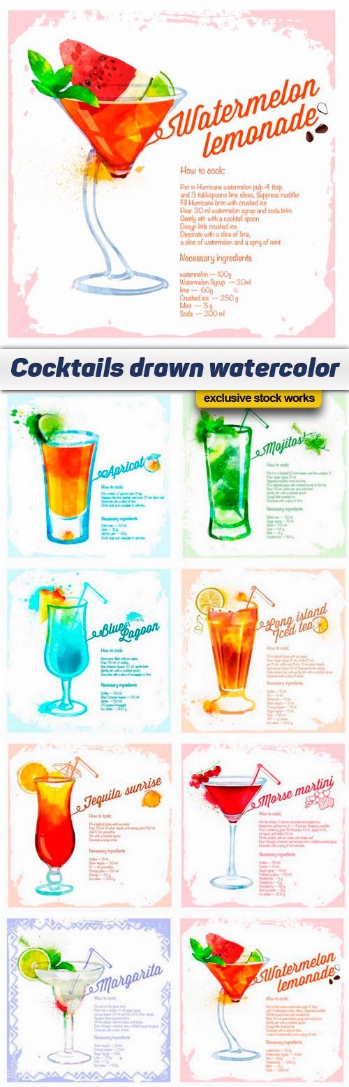 Cocktails drawn watercolor - 10 EPS