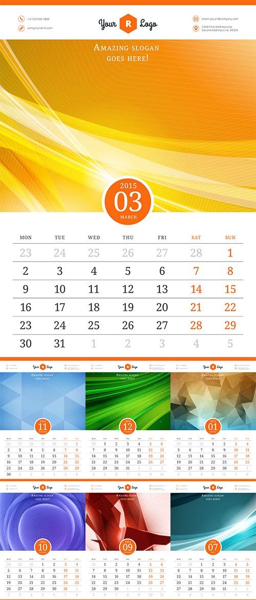 Stock Calendar 2015, Vector template with abstract background, Week starts monday