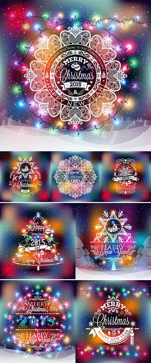 Stock Christmas and New year label with colored lights on backgrounds
