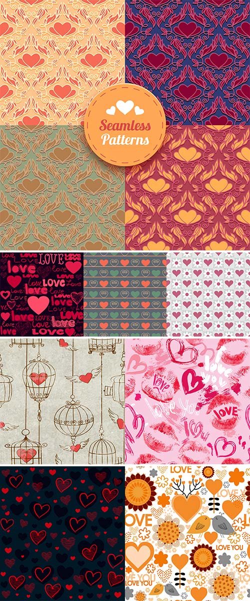 Stock Valentine's day Seamless pattern with hearts, birds and flowers