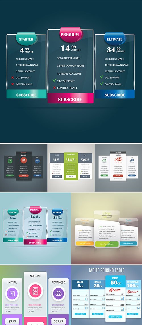Three price plans with bright labels on a dark background for websites, Vector illustration