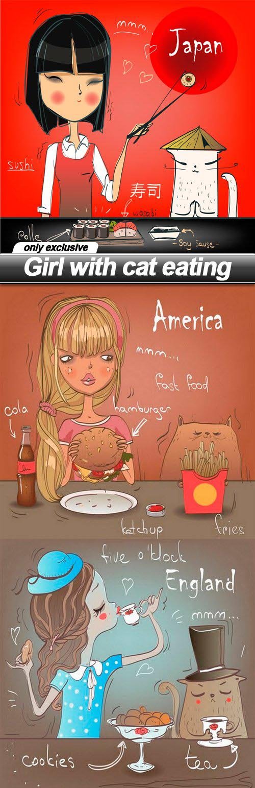Girl with cat eating - 4 EPS
