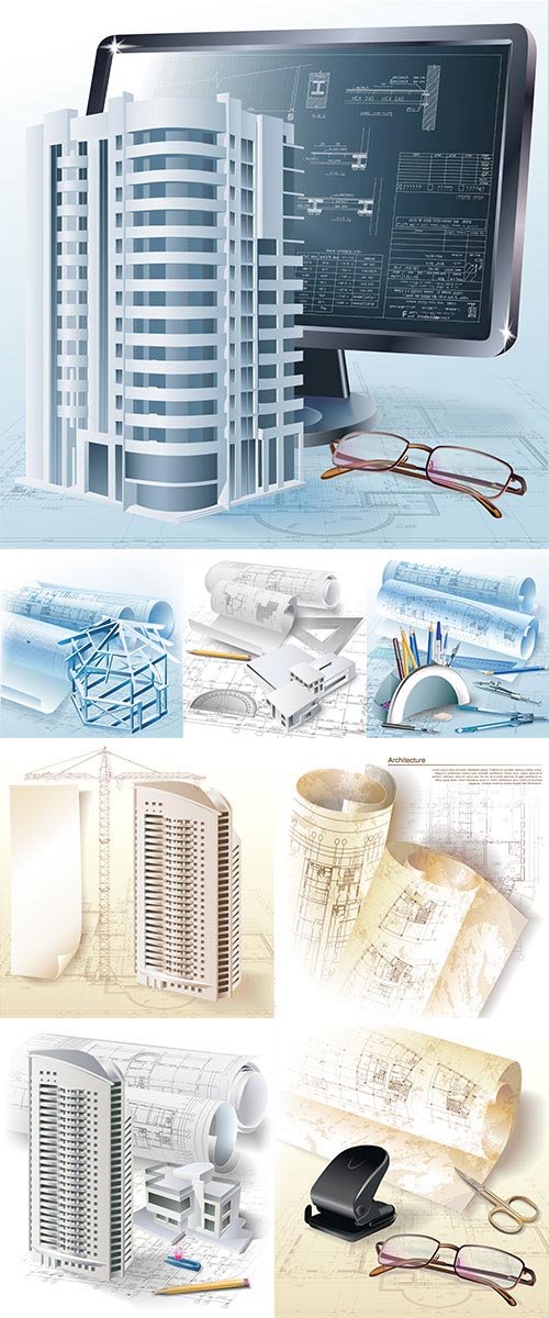Stock Architectural background with rolls of drawings and drawing tools for your business site