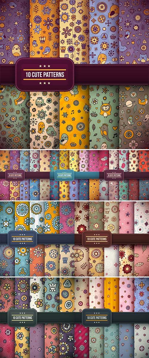Stock Cute seamless patterns with flowers and abstract decorative elements
