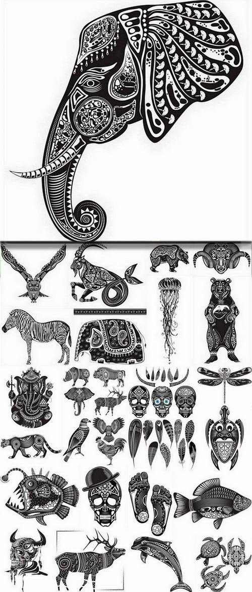 Tattoo in vector with ornamental animals and skulls - 25 Eps