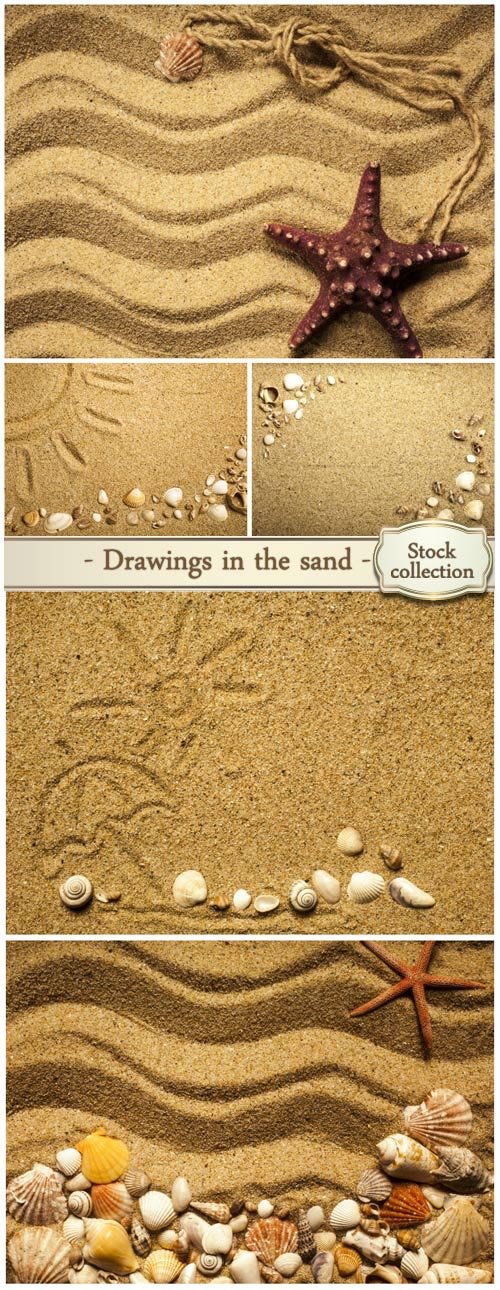 Drawings in the sand, sea shells - Stock Photo