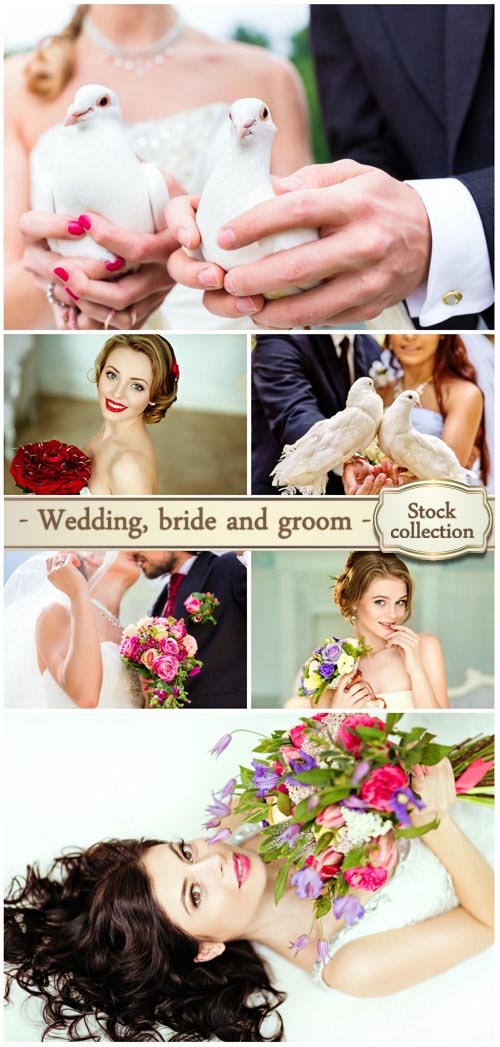 Wedding, bride and groom, white doves - Stock Photo