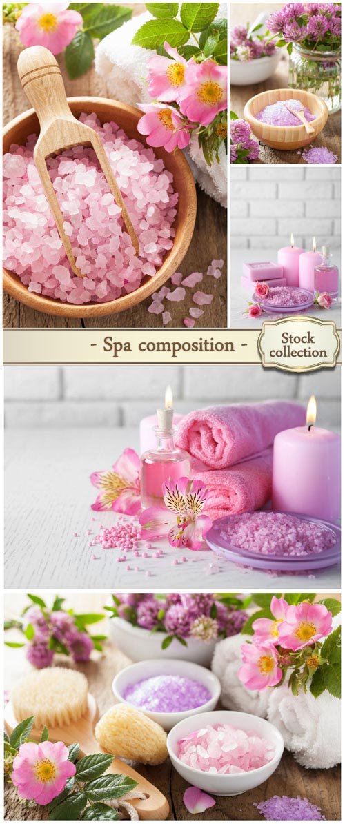 Spa composition with sea salt, candles and flowers - stock photos