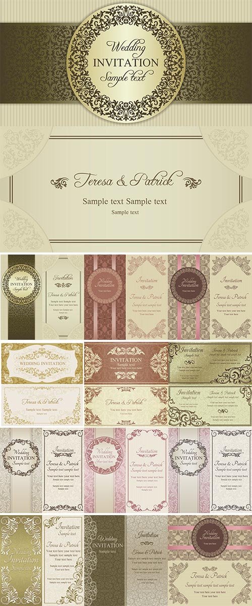 Stock Vector - Antique baroque wedding invitation, ornate round frame, gold and beige