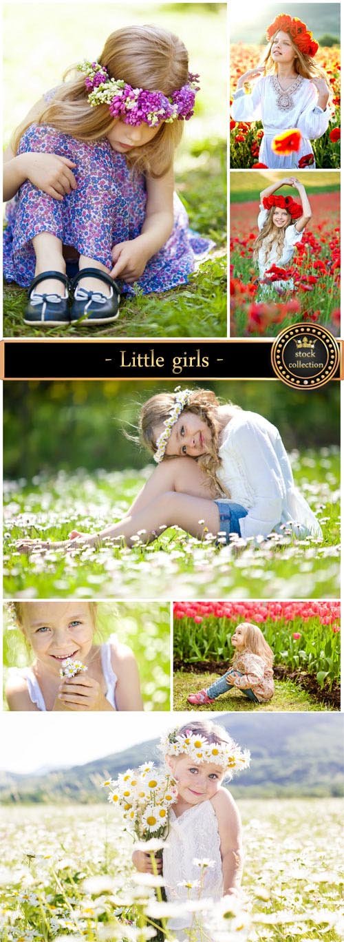 Little girls with beautiful flowers - Stock Photo