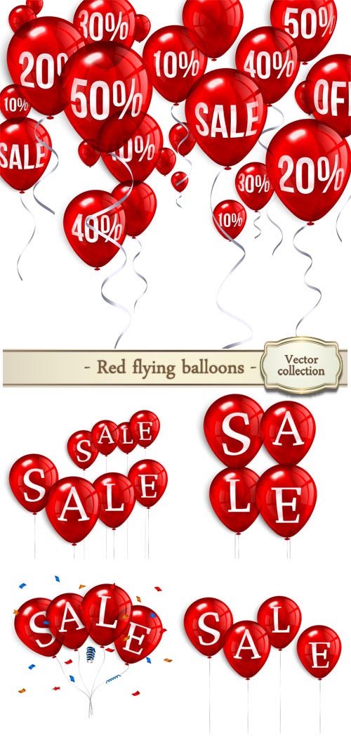 Red flying party balloons with text sale and discount, vector