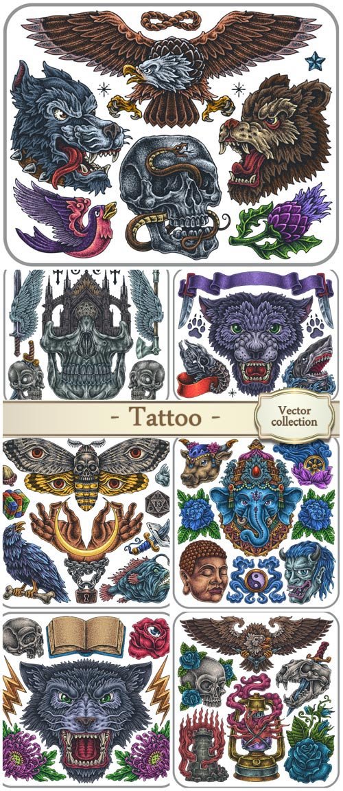 Hand-drawn set of old school sacred theme tattoos, vector