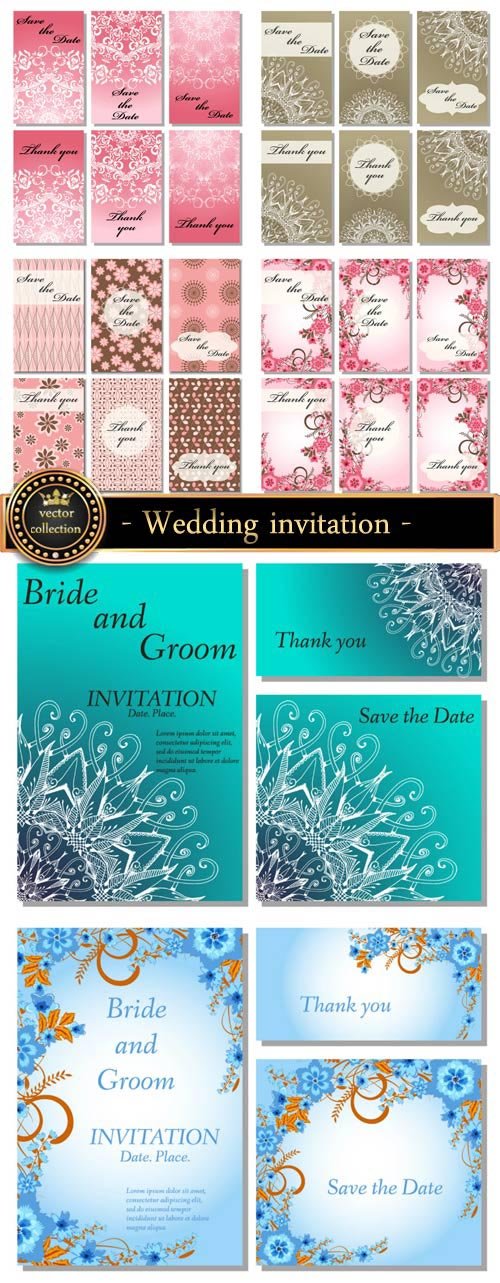 Wedding invitation with floral patterns, vector