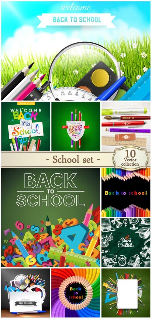 School vector set, books, notebooks, pencils, school board