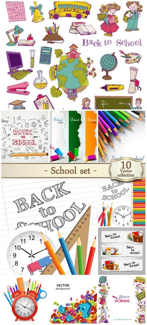 School vector set, notebooks, pencils, school board
