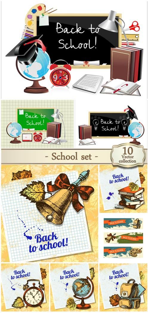 School vector set, pencils, books, notebooks