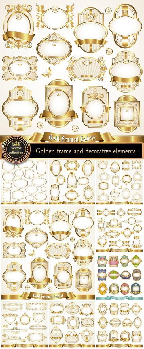 Golden frame and decorative elements vector