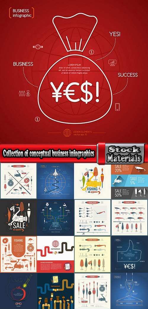 Collection of conceptual business infographics fishing tackle hook lure wobblers