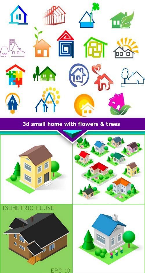 3d small home with flowers & trees 11X EPS