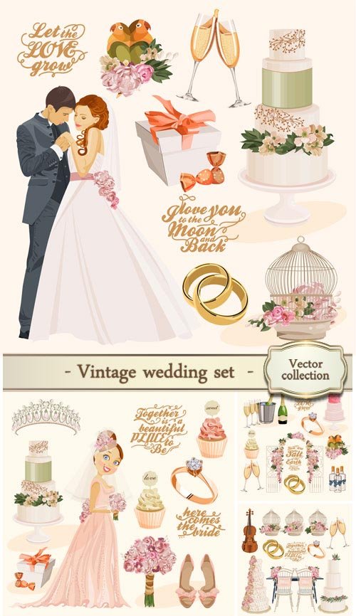Vector vintage set of decorative wedding elements